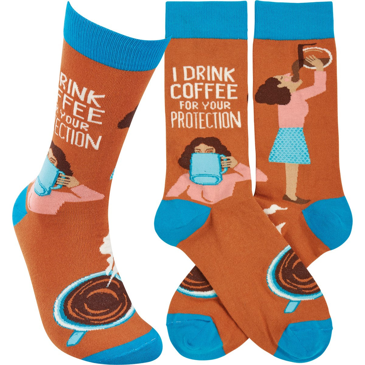 Aqua blue and brown funny socks featuring a hand-illustrated design of a person drinking coffee with the text 'I Drink Coffee For Your Protection'.