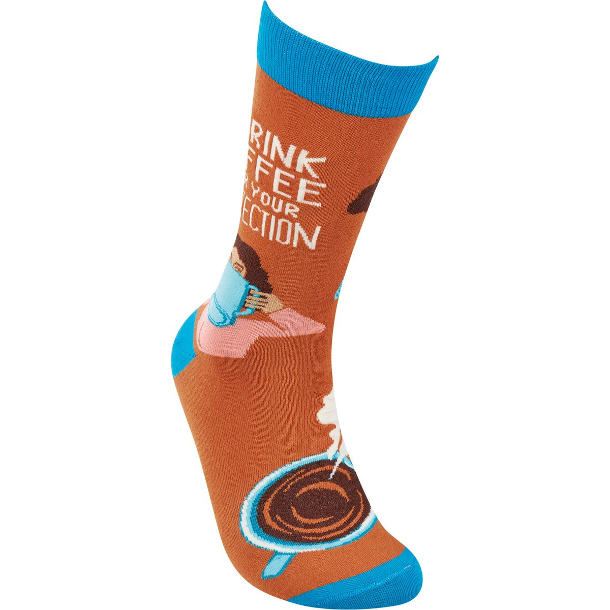 Aqua blue and brown funny socks featuring a hand-illustrated design of a person drinking coffee with the text 'I Drink Coffee For Your Protection'.