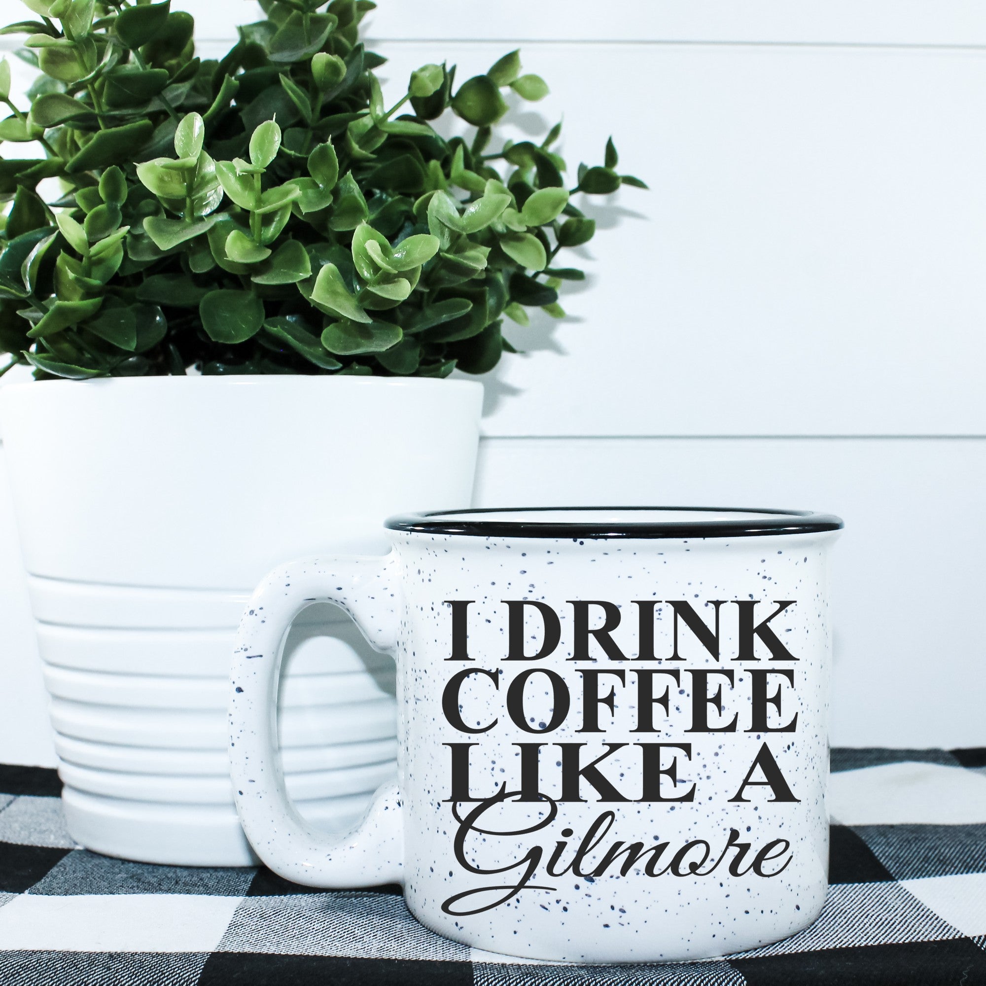 Ceramic campfire mug with 'I Drink Coffee Like A Gilmore' design, perfect for cozy beverages.