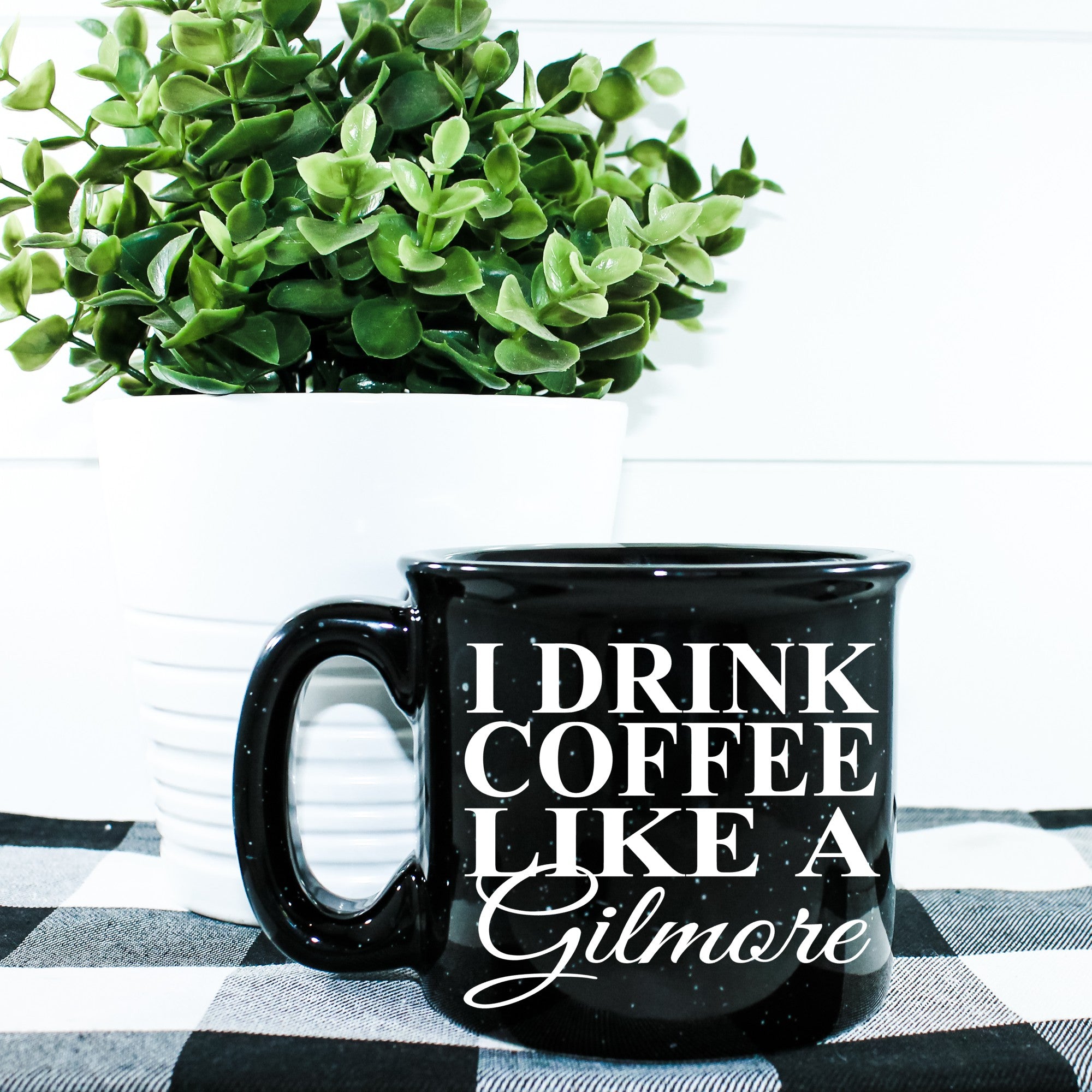 Ceramic campfire mug with 'I Drink Coffee Like A Gilmore' design, perfect for cozy beverages.