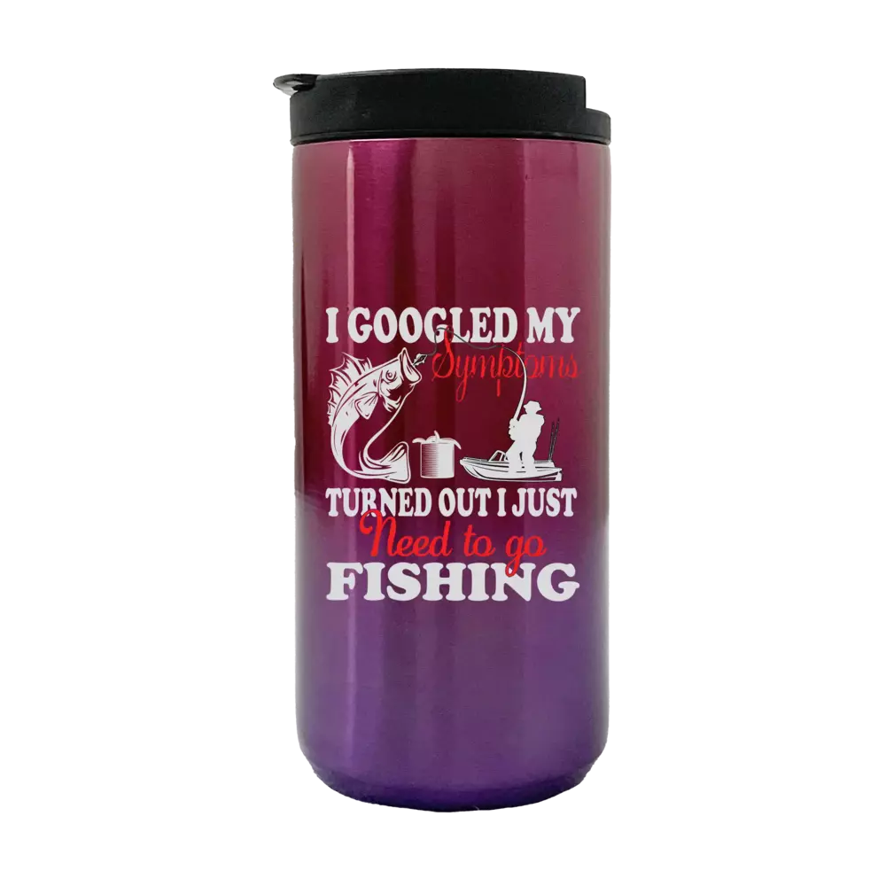 I Googled My Symptoms 14oz Insulated Coffee Tumbler with a fishing-themed design, showcasing its stainless steel construction and splash-proof lid.