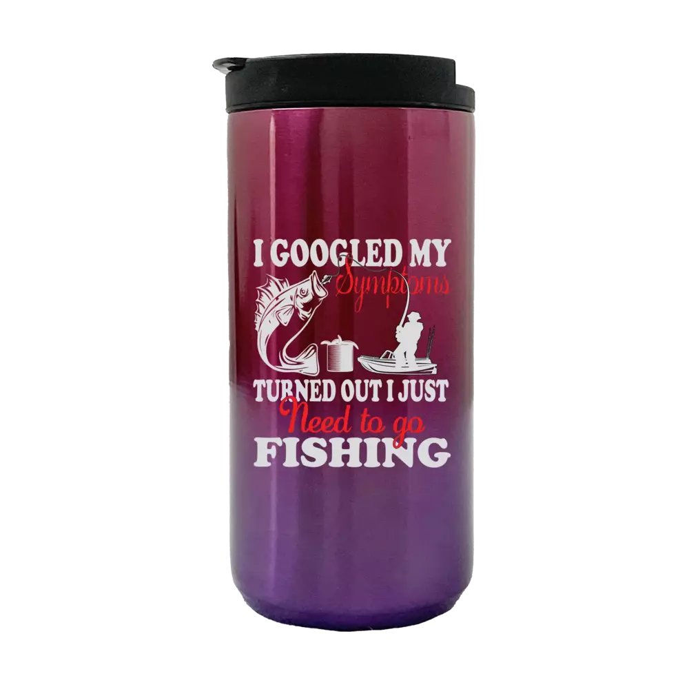 I Googled My Symptoms 14oz Insulated Coffee Tumbler with a fishing-themed design, showcasing its stainless steel construction and splash-proof lid.