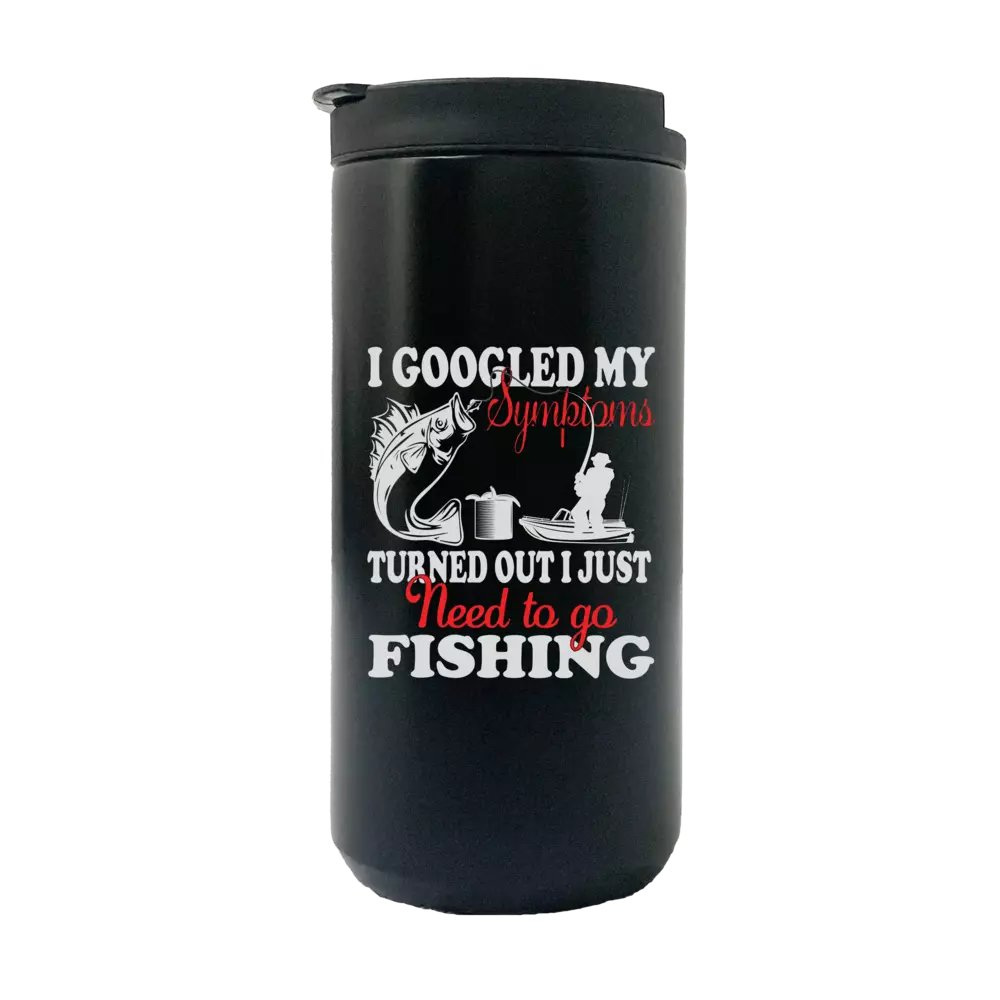 I Googled My Symptoms 14oz Insulated Coffee Tumbler with a fishing-themed design, showcasing its stainless steel construction and splash-proof lid.