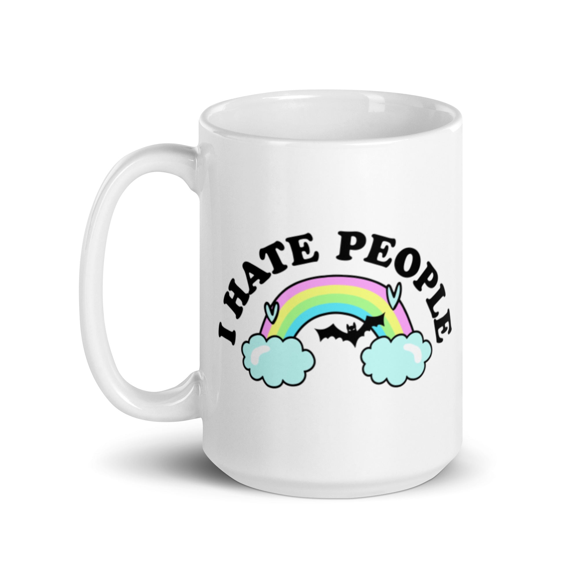 I Hate People Rainbow Mug featuring a colorful design on a white ceramic surface, ideal for coffee lovers.