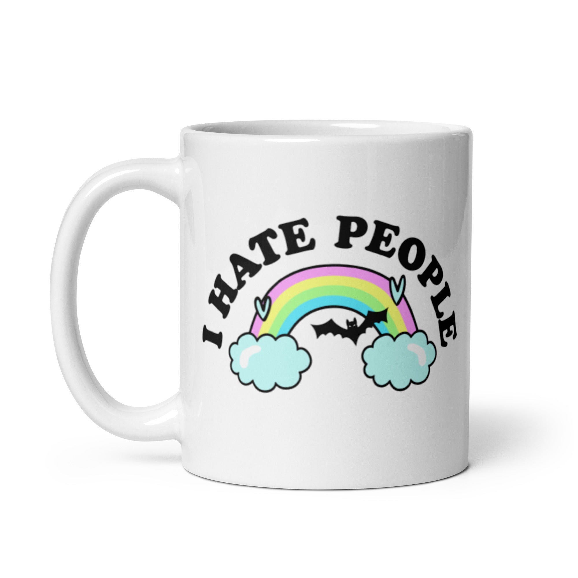 I Hate People Rainbow Mug featuring a colorful design on a white ceramic surface, ideal for coffee lovers.