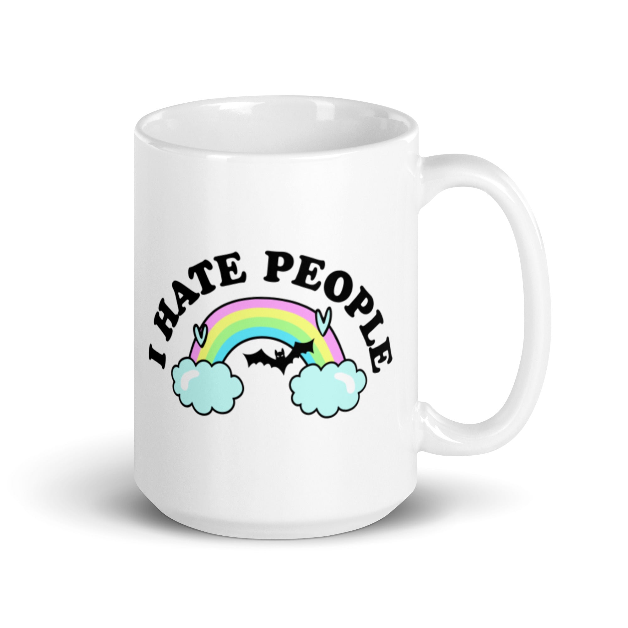 I Hate People Rainbow Mug featuring a colorful design on a white ceramic surface, ideal for coffee lovers.