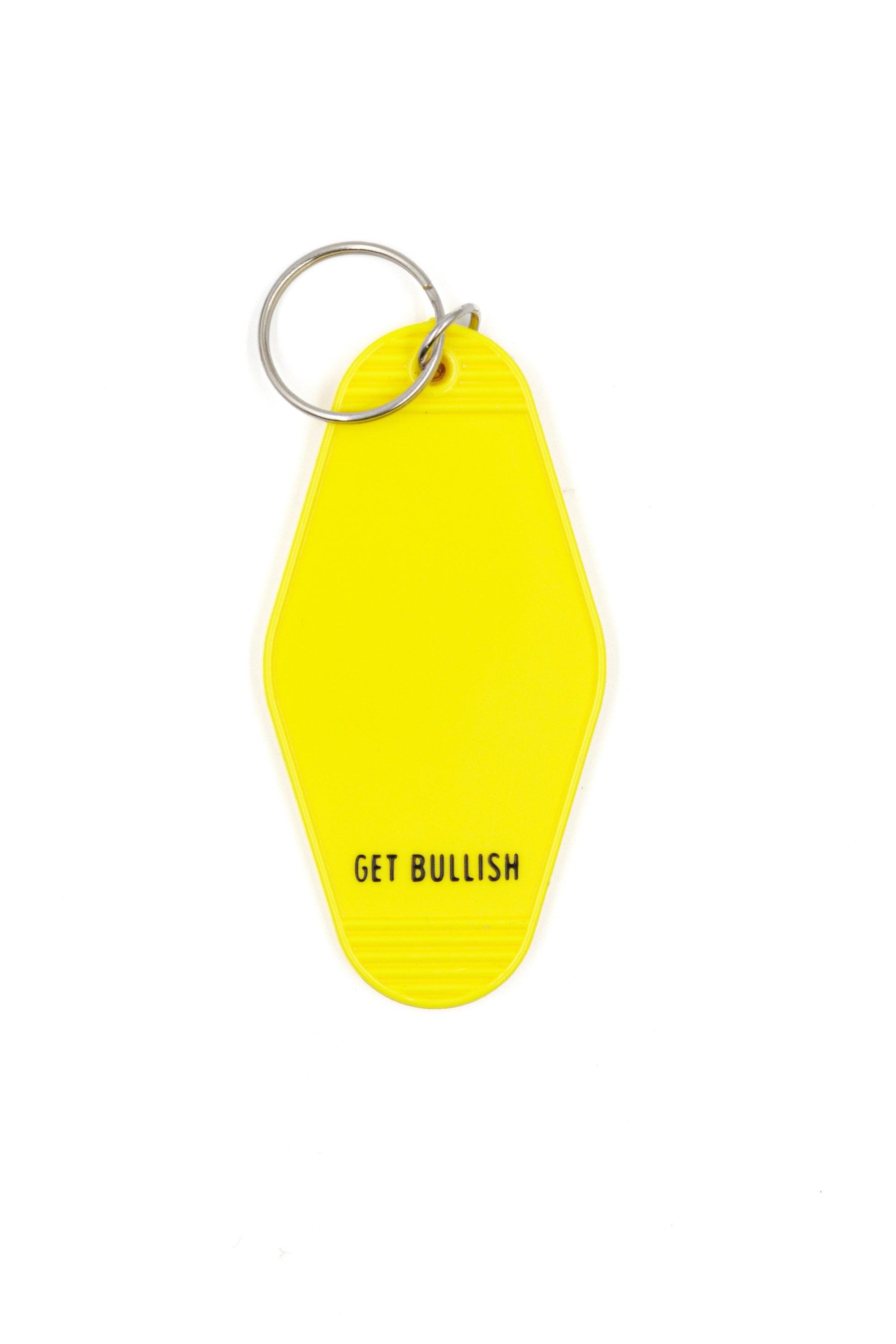 Bright yellow motel-style keychain with black lettering stating 'I HAVE A PHD IN AWESOME', attached to a split ring.