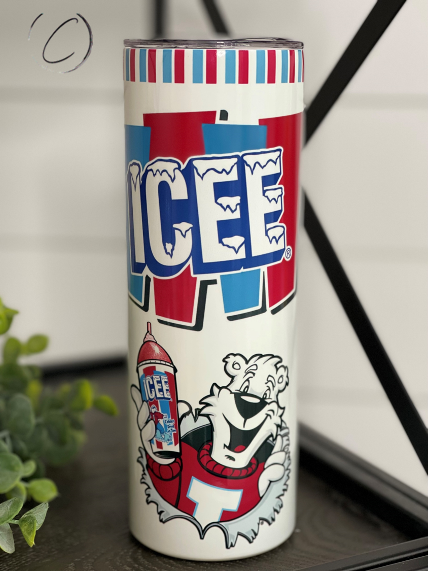 Icee 20oz UV Blue Skinny Tumbler with color-changing effect in sunlight, featuring a reusable straw.