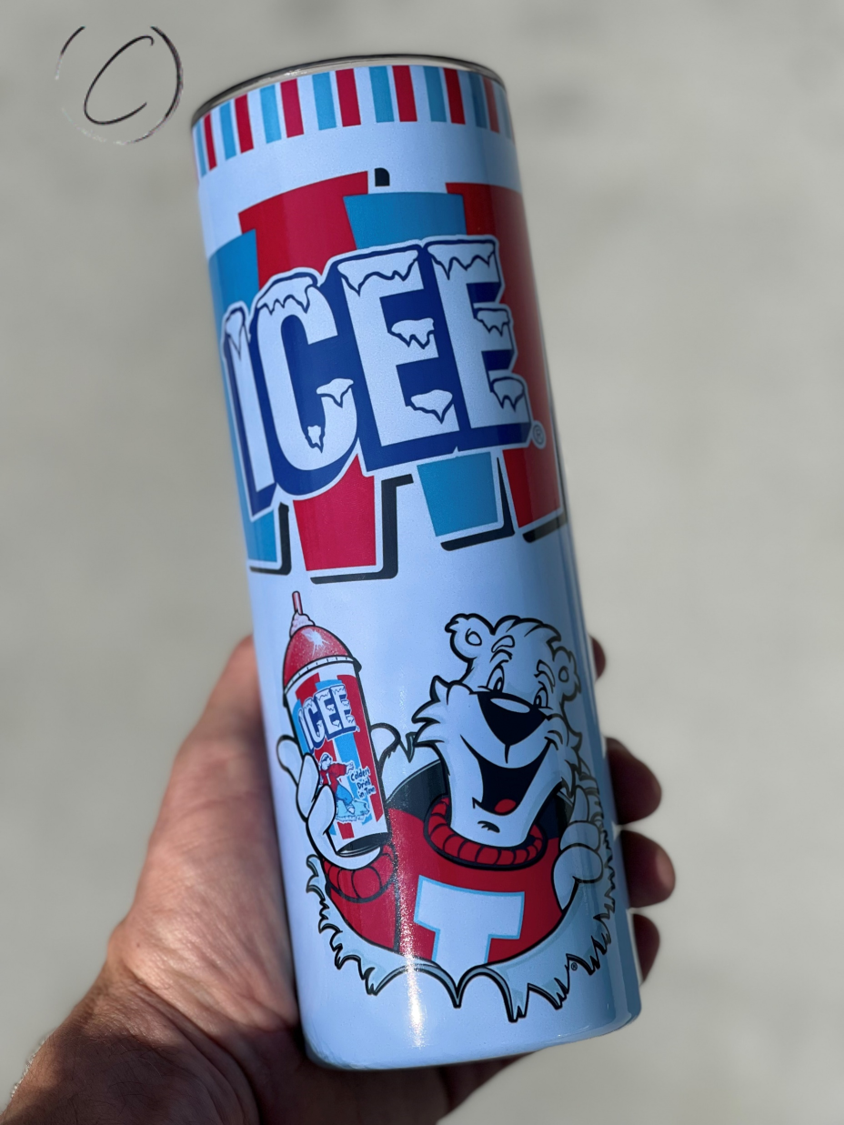 Icee 20oz UV Blue Skinny Tumbler with color-changing effect in sunlight, featuring a reusable straw.