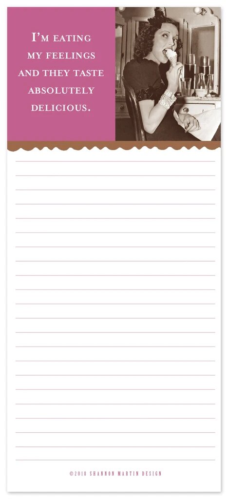 I'm Eating My Feelings magnetic notepad with humorous design, featuring 60 sheets and a magnetic backing for easy attachment.