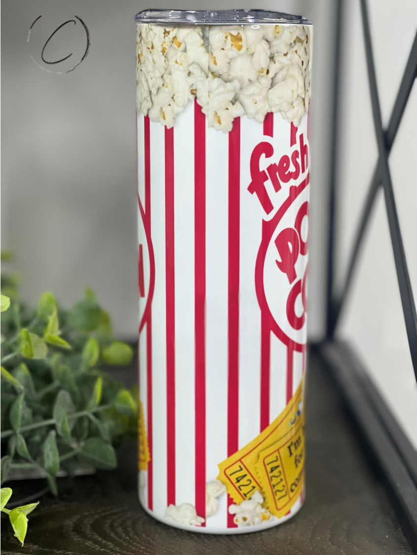 I'm Here For The Comments Popcorn 20oz Skinny Tumbler with a vibrant design, perfect for hot and cold beverages.