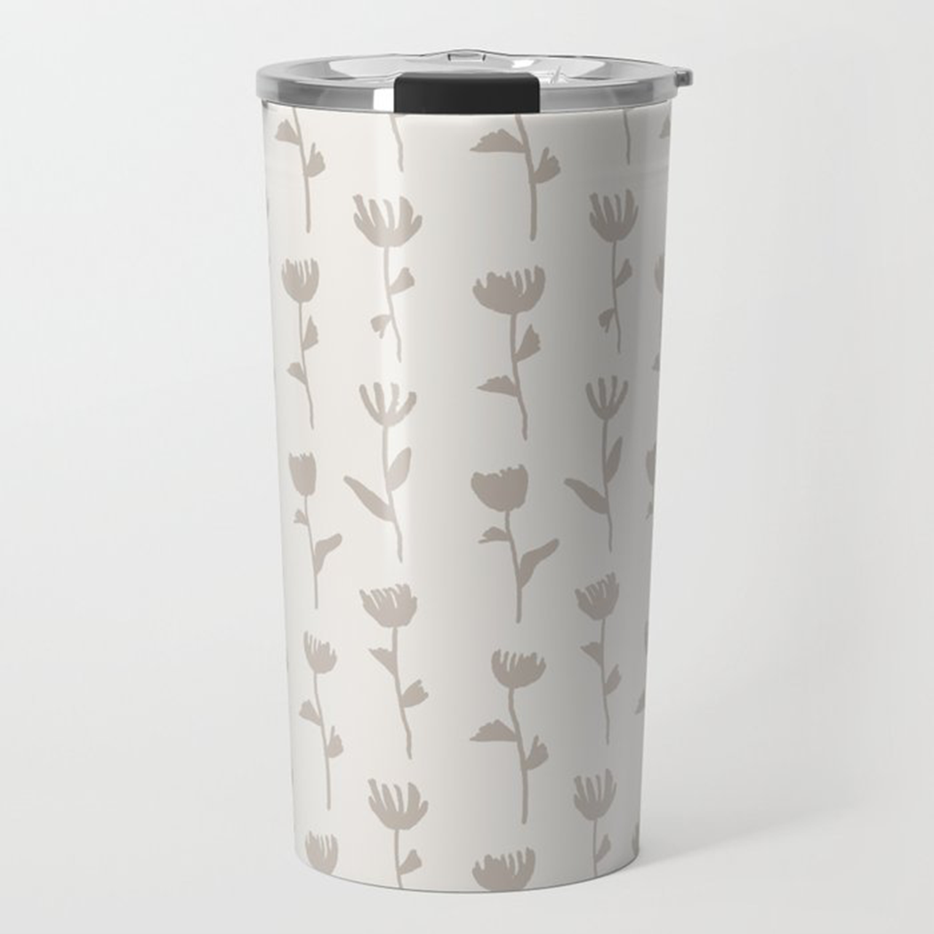 Ink Flower Travel Coffee Mug in stainless steel with vibrant floral design, showcasing double-wall insulation and a vacuum-sealed lid.