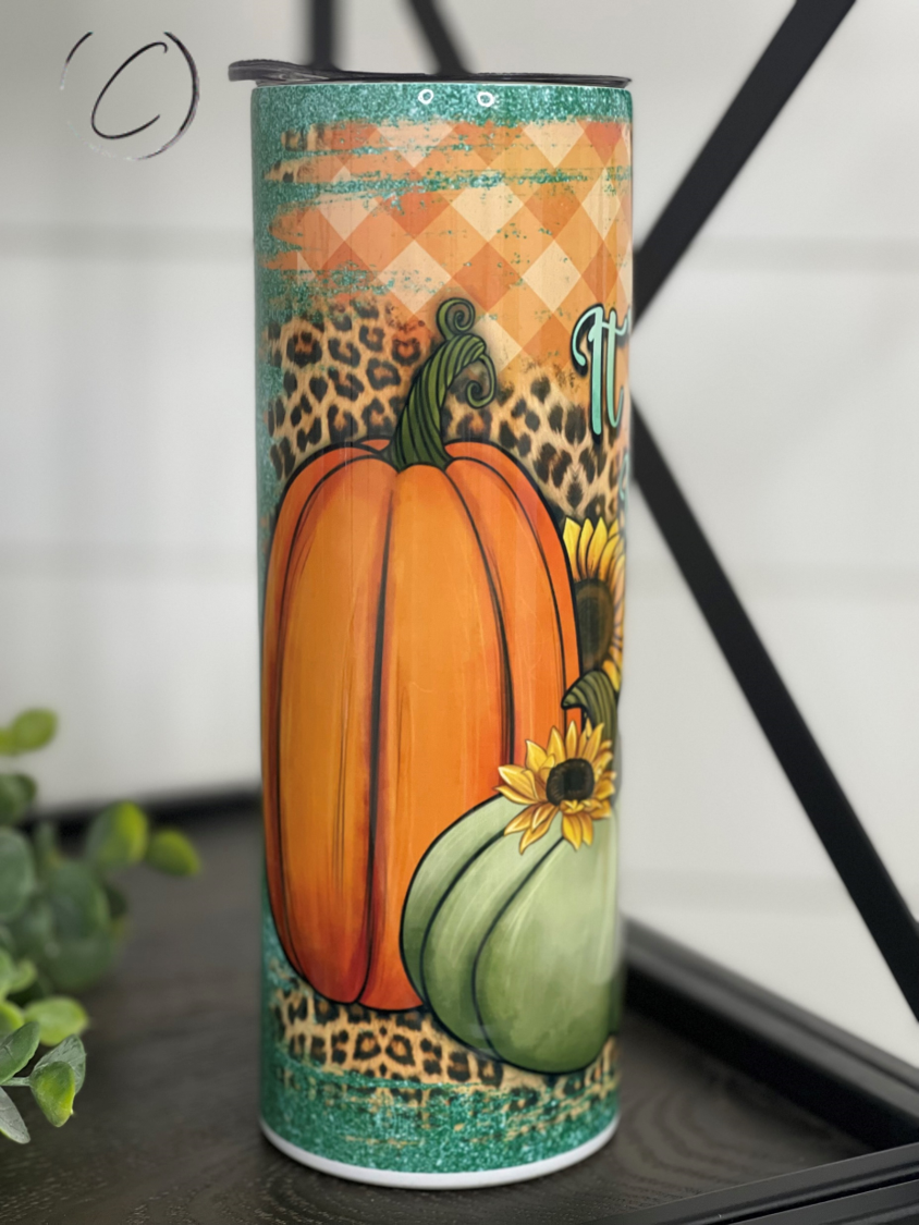 It's Fall Y'all 20oz Skinny Tumbler featuring a vibrant autumn design, complete with a reusable straw.