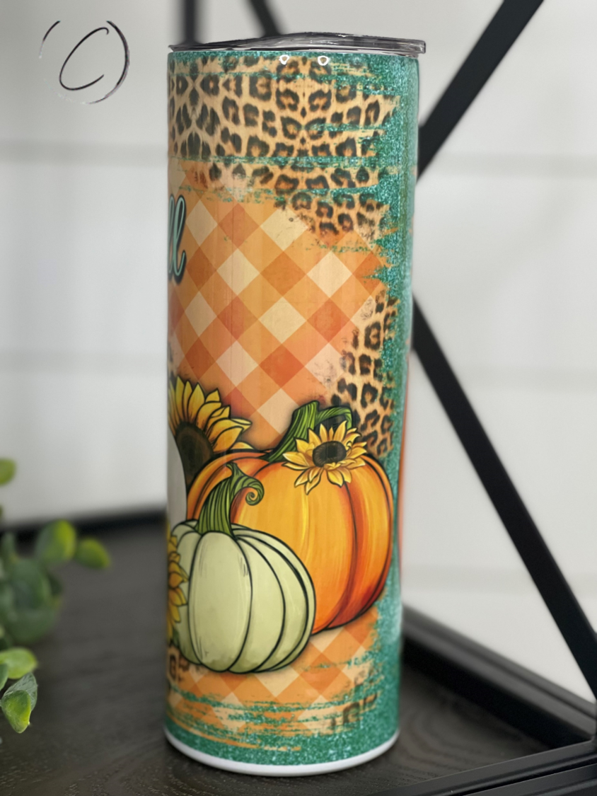 It's Fall Y'all 20oz Skinny Tumbler featuring a vibrant autumn design, complete with a reusable straw.