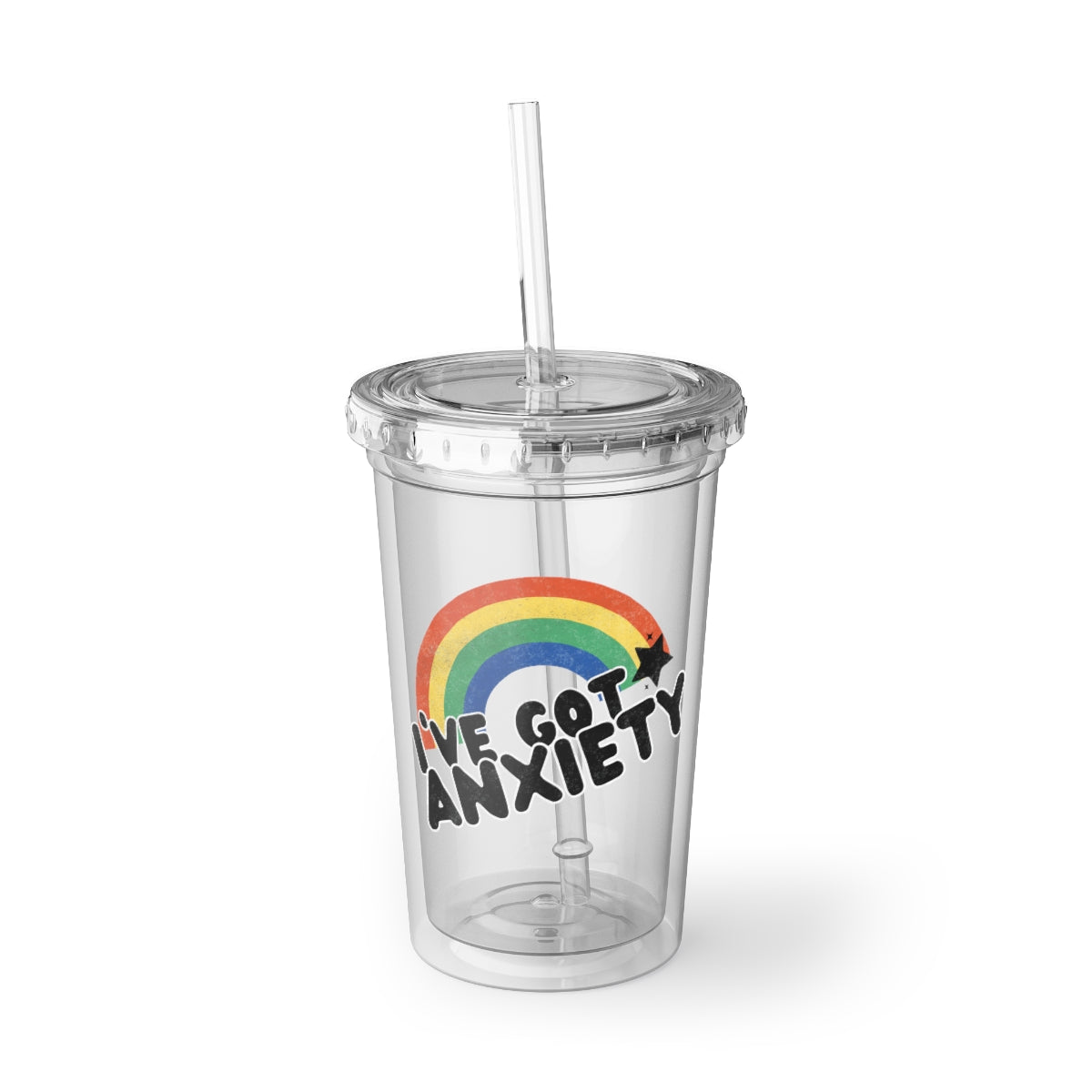 I've Got Anxiety Acrylic Tumbler with a straw and lid, showcasing its double-wall insulation and stylish design.