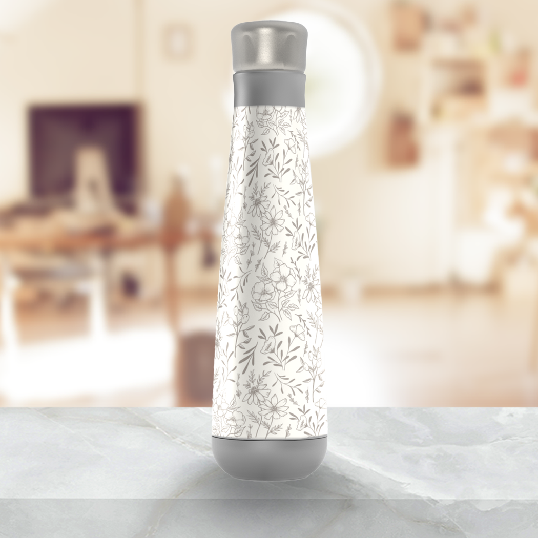 Ivory Flower Peristyle Water Bottle with stainless steel finish and floral design, perfect for hydration on the go.