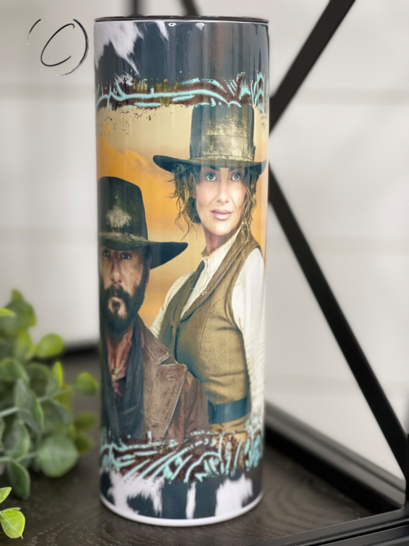 James & Margaret Dutton 1883 20oz Skinny Tumbler with a full wrap design, featuring a reusable straw and durable construction.