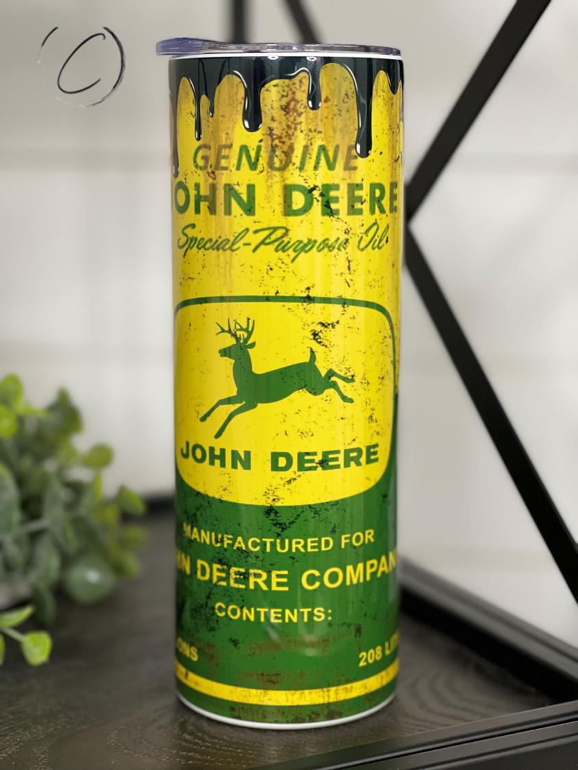 John Deere Special Purpose Oil 20oz Skinny Tumbler with a full wrap design featuring the iconic John Deere logo.