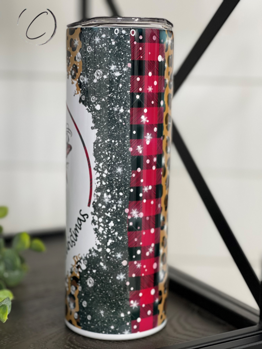 Just A Girl Who Loves Christmas 20oz Skinny Tumbler with festive design and reusable straw.