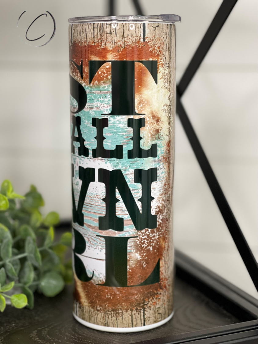 Just A Small Town Girl 20oz Skinny Tumbler with vibrant full wrap design and reusable straw.