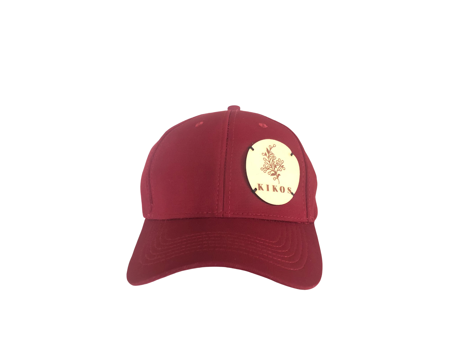 Kikos Unisex Hat in Garnet Red with hand-made logo, structured fit, and adjustable strap, showcasing ethical fashion from Colombia.