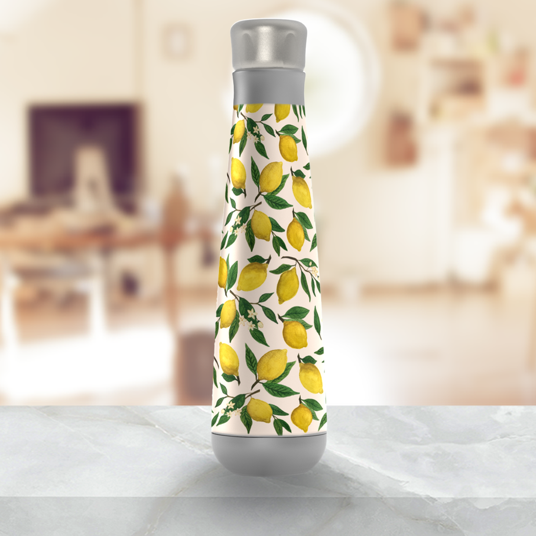 Lemon Blossom Peristyle Water Bottle in stainless steel with a vibrant floral design, showcasing its sleek and stylish appearance.