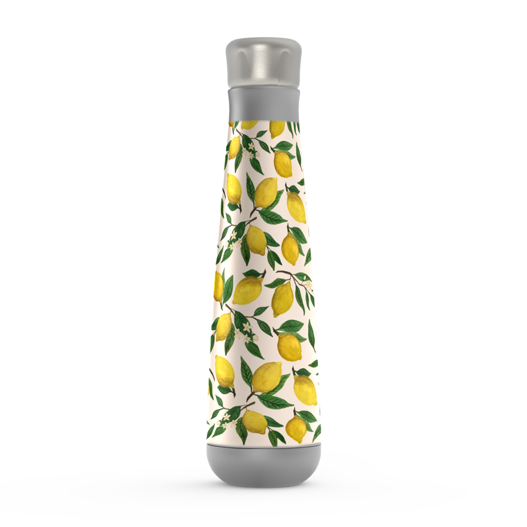 Lemon Blossom Peristyle Water Bottle in stainless steel with a vibrant floral design, showcasing its sleek and stylish appearance.