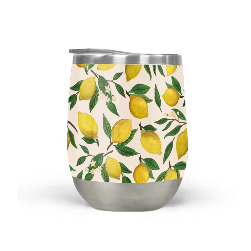 Lemon Blossom Stemless Wine Tumbler showcasing its elegant design and stainless steel construction, perfect for outdoor use.