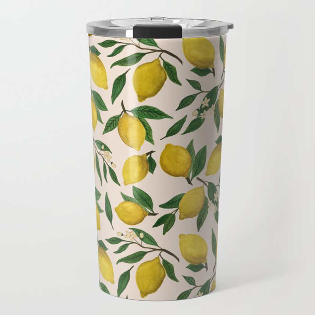 Lemon Blossom Travel Mug showcasing a vibrant floral design with a stainless steel finish, perfect for hot and cold beverages.