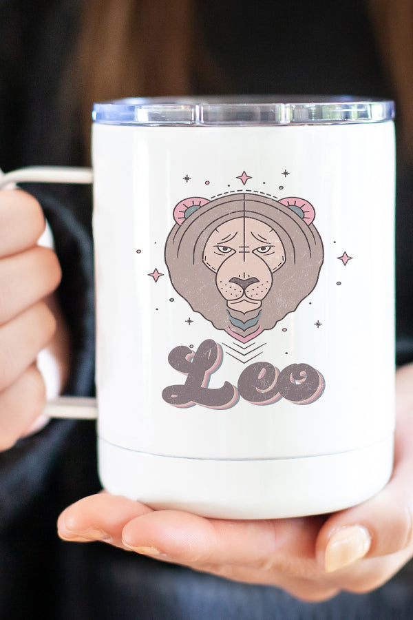 Stainless steel travel mug featuring the Leo astrological sign design, double wall insulated with a secure lid.