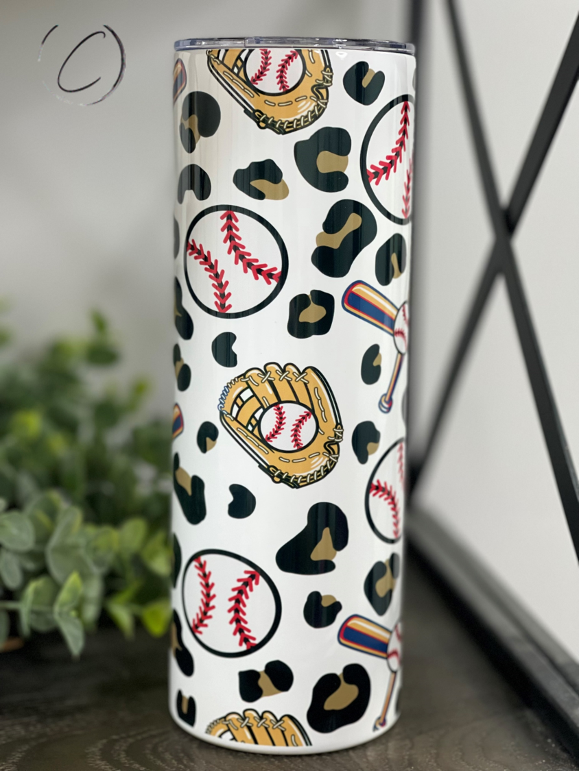 Leopard Baseball 20oz Skinny Tumbler featuring a vibrant leopard print design, perfect for sports enthusiasts.