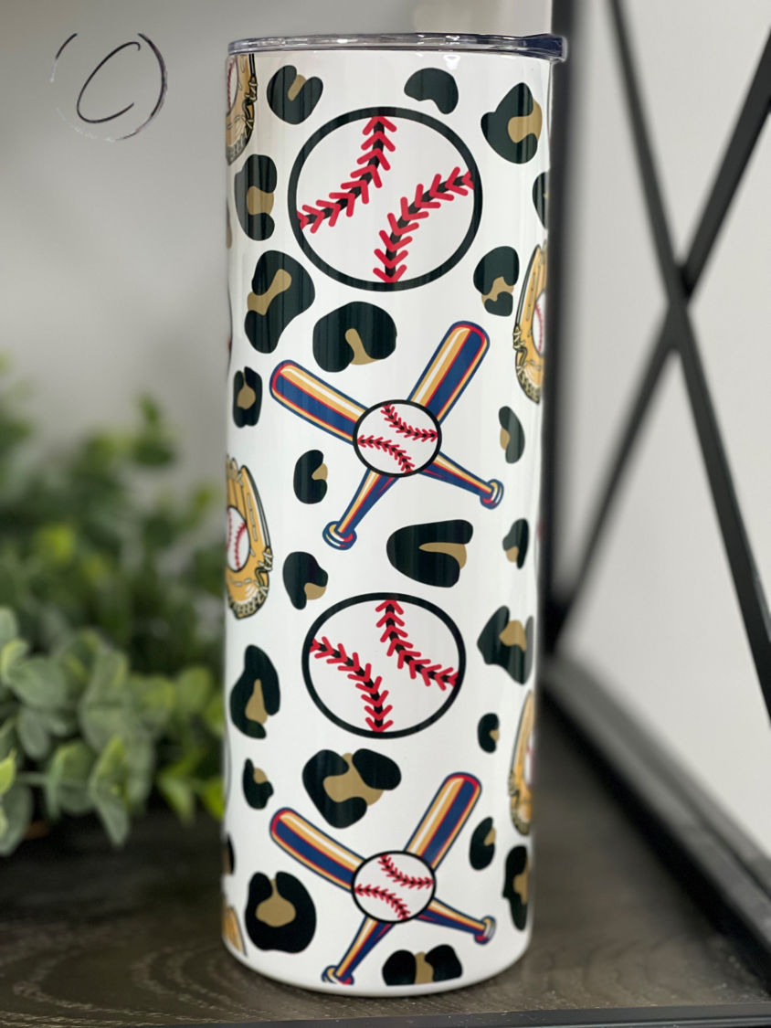 Leopard Baseball 20oz Skinny Tumbler featuring a vibrant leopard print design, perfect for sports enthusiasts.