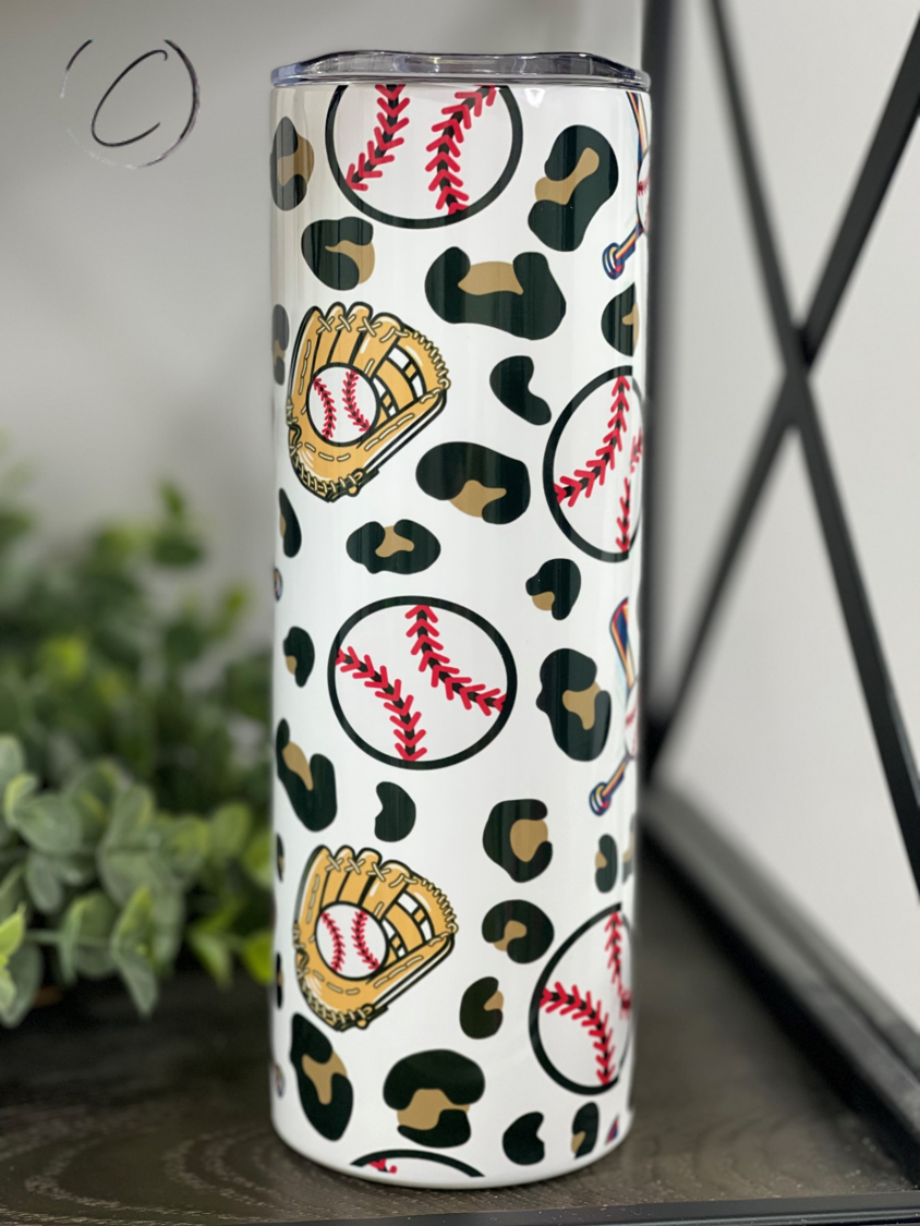 Leopard Baseball 20oz Skinny Tumbler featuring a vibrant leopard print design, perfect for sports enthusiasts.