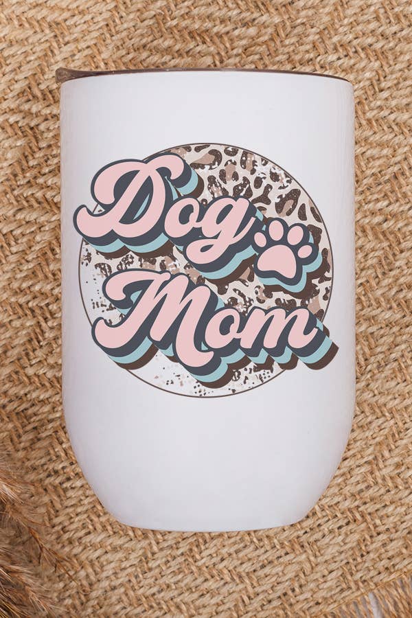 Leopard Circle Pink Dog Mom Wine Cup Tumbler with lid and straw, showcasing a stylish design for dog-loving moms.