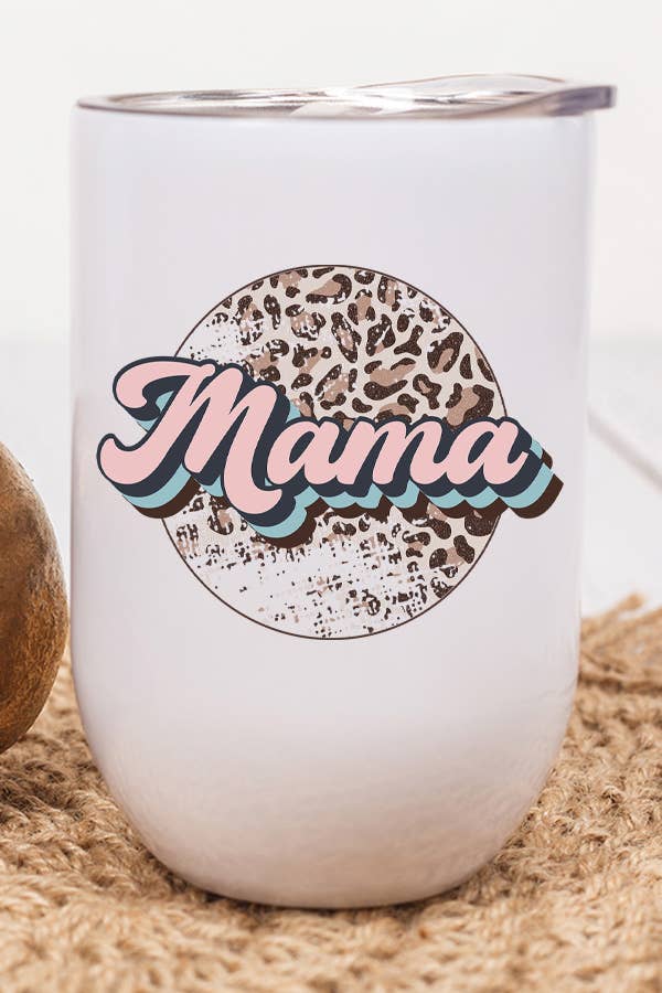 Leopard Circle Pink Mama Wine Cup Tumbler with lid and straw, showcasing a vibrant pink leopard print design.