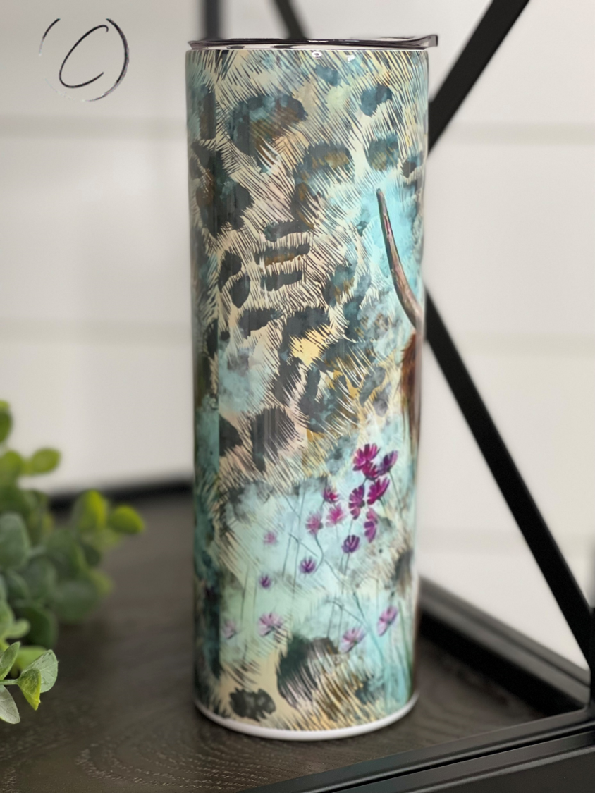 Leopard Highland Cow 20oz Skinny Tumbler with a unique full wrap design featuring a stylish leopard cow pattern.