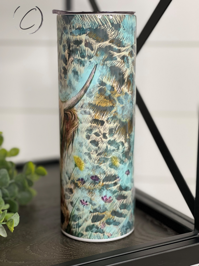 Leopard Highland Cow 20oz Skinny Tumbler with a unique full wrap design featuring a stylish leopard cow pattern.