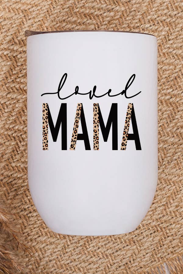 Leopard Loved Mama Wine Cup Tumbler with a stylish leopard print design, featuring a lid and straw, perfect for enjoying wine.