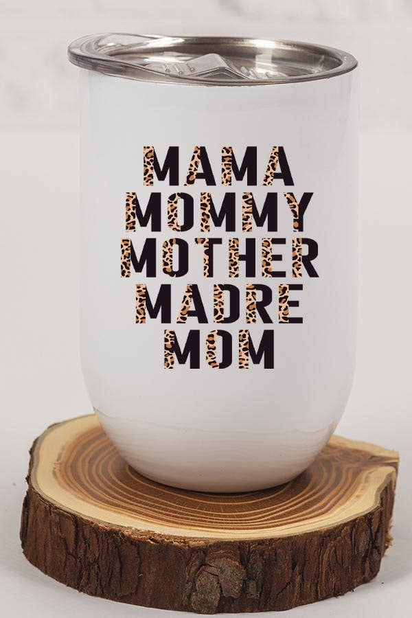 Leopard Mom Mama Madre Block Wine Cup with lid and straw, showcasing a stylish design.