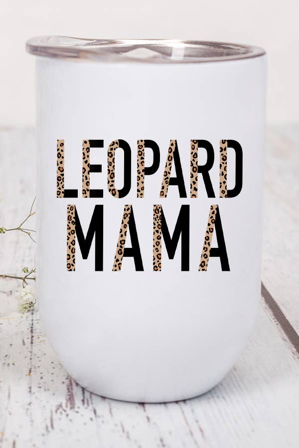 Leopard Mom Wine Cup Tumbler with vibrant design, stainless steel, and included lid and straw.