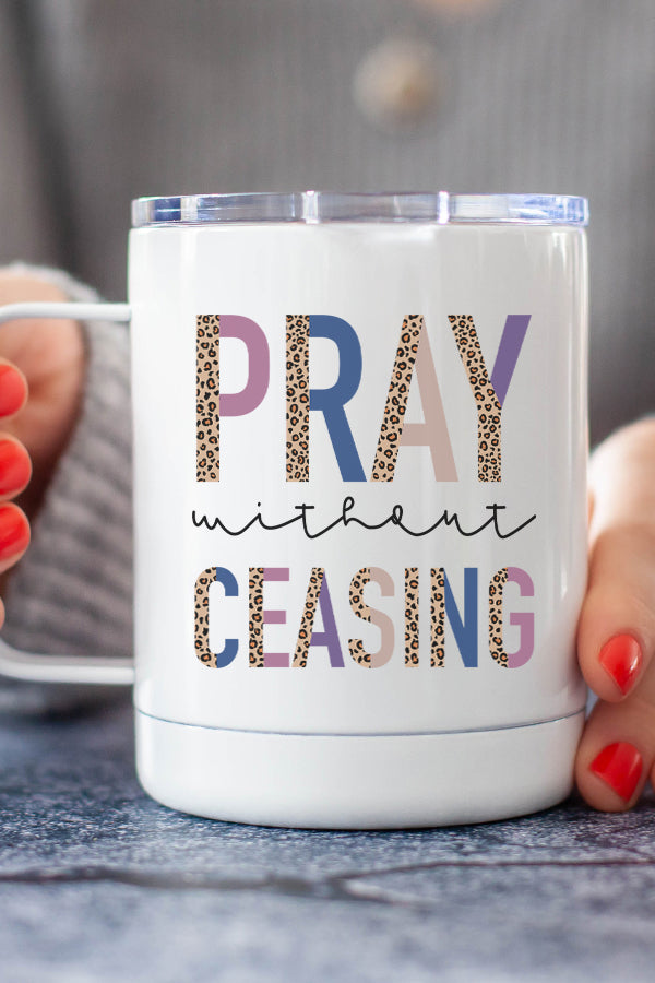 Leopard Pray Without Ceasing Stainless Steel Coffee Travel Cup with vibrant design on both sides.