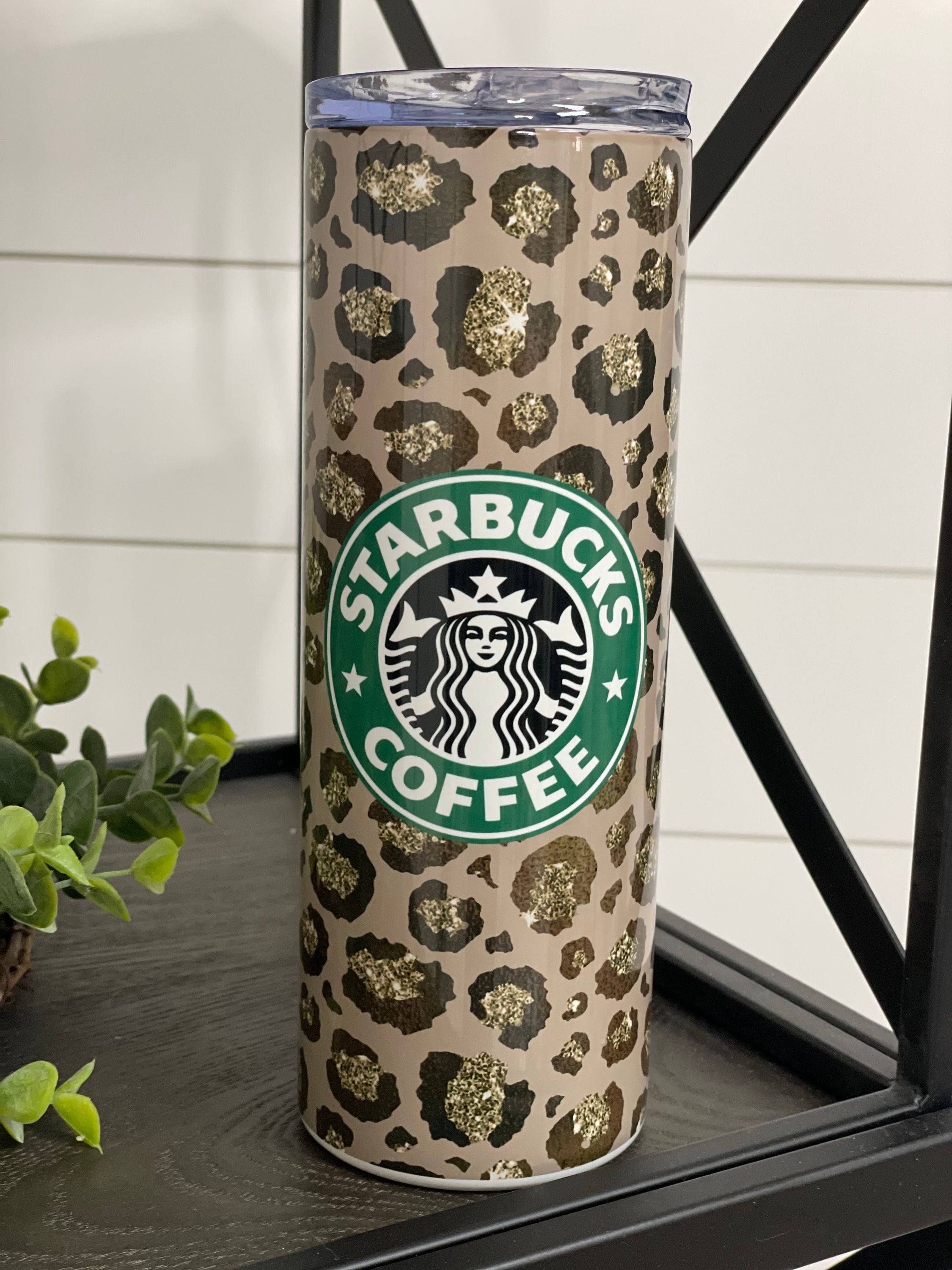 Leopard Starbucks 20oz Skinny Tumbler with reusable straw, featuring a stylish full wrap leopard print design.