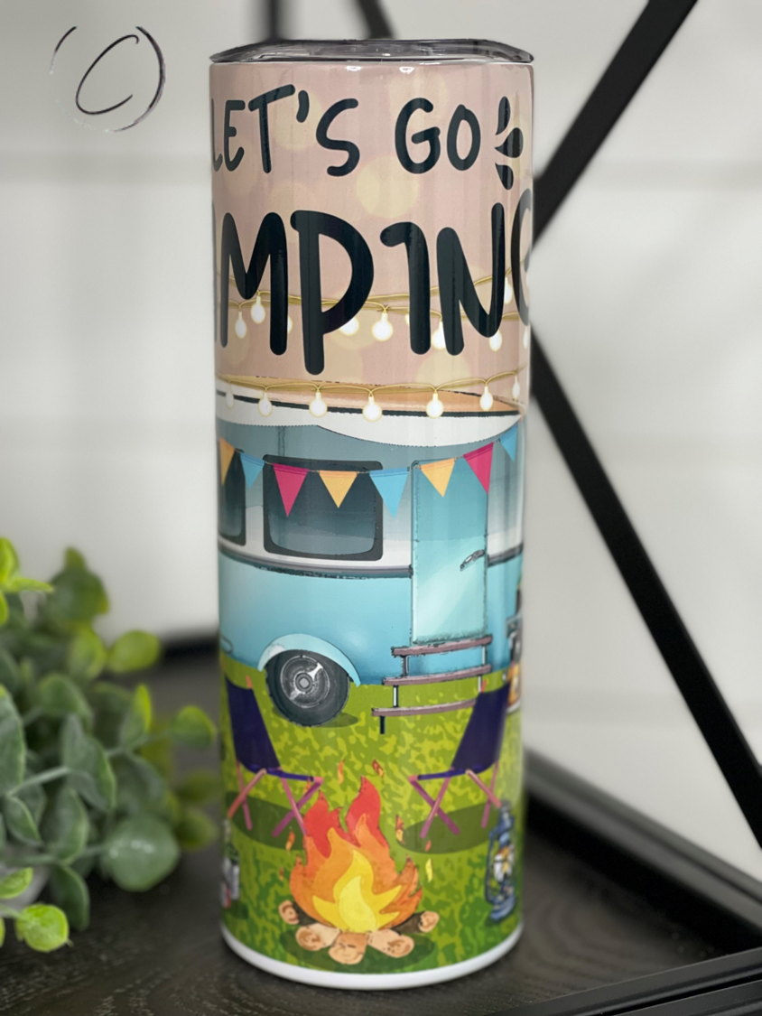 Let's Go Camping 20oz Skinny Tumbler with a vibrant camping-themed design, featuring a reusable straw.