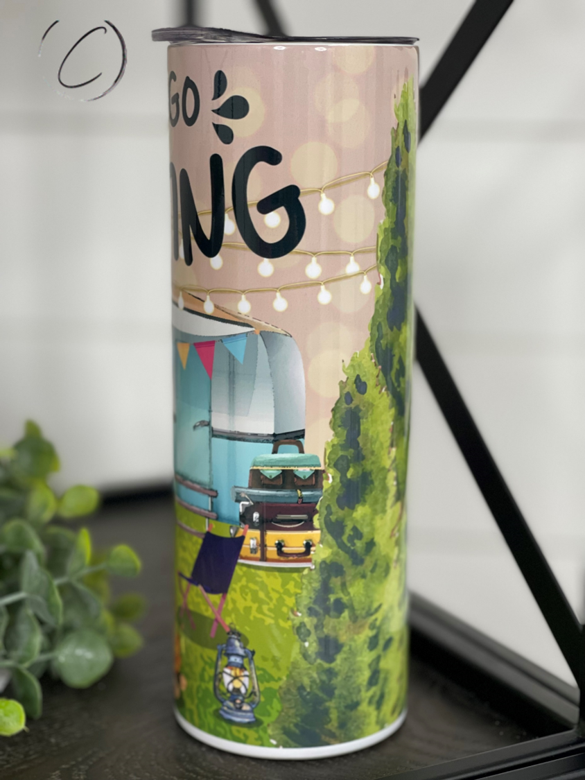 Let's Go Camping 20oz Skinny Tumbler with a vibrant camping-themed design, featuring a reusable straw.