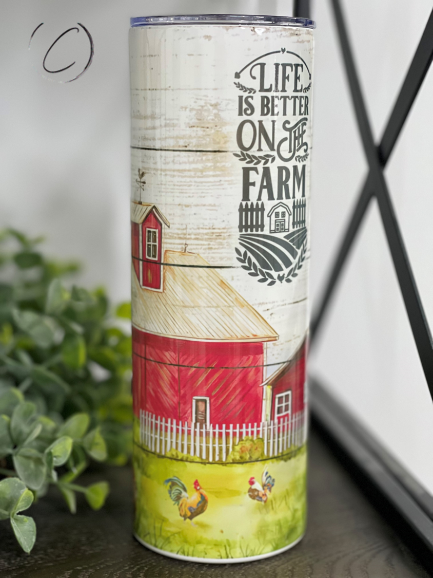 Life Is Better On The Farm 20oz Skinny Tumbler with a vibrant full wrap design, featuring a reusable straw.