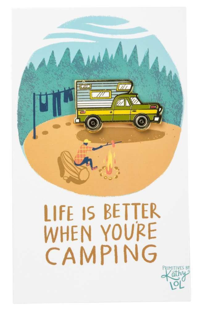 Life Is Better When Camping Enamel Pin featuring a truck with a camper design, securely attached with a butterfly clip closure.