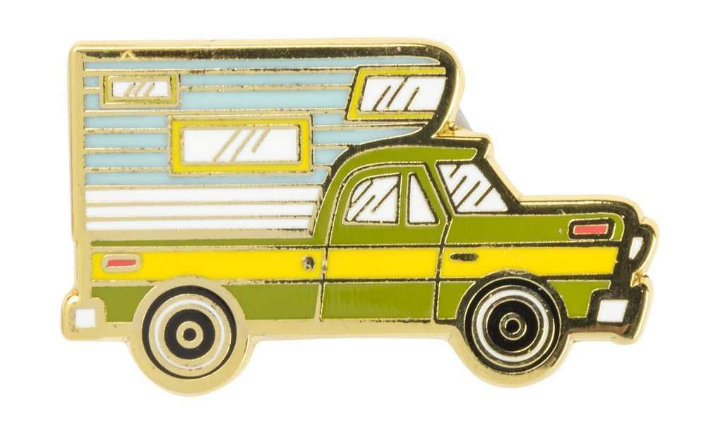 Life Is Better When Camping Enamel Pin featuring a truck with a camper design, securely attached with a butterfly clip closure.