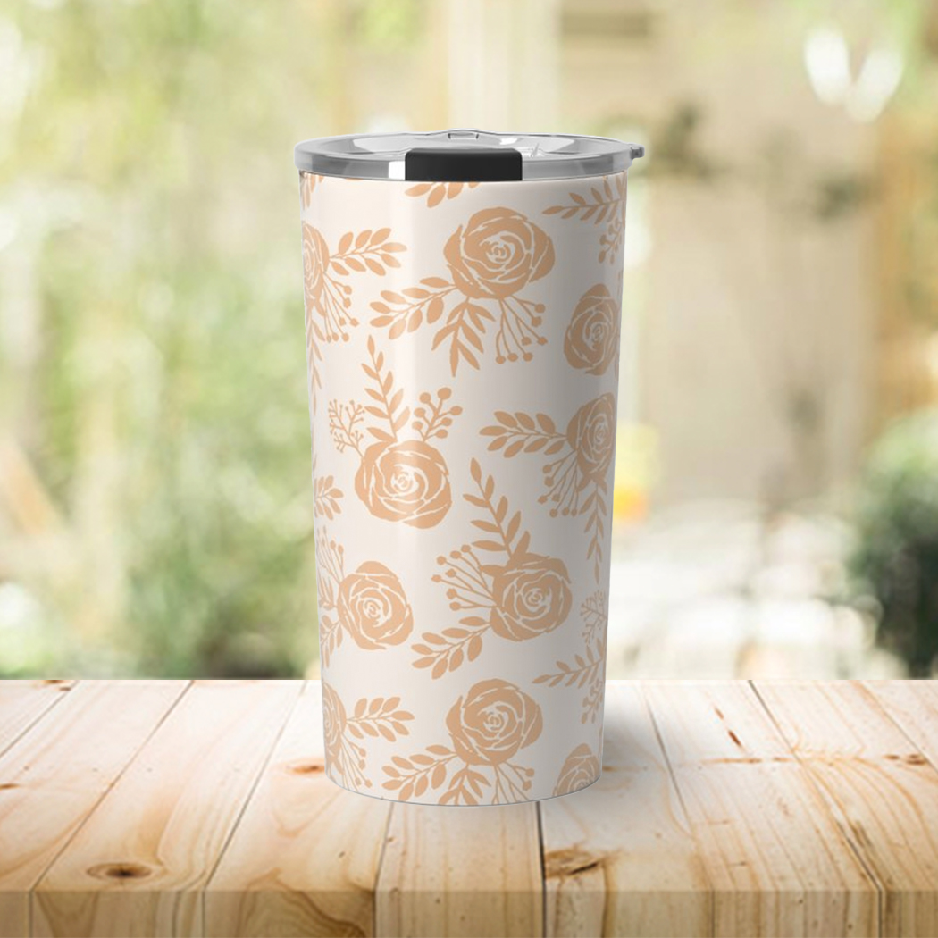 Light Orange Floral Travel Coffee Mug with vibrant floral design and stainless steel construction, perfect for hot or cold beverages.