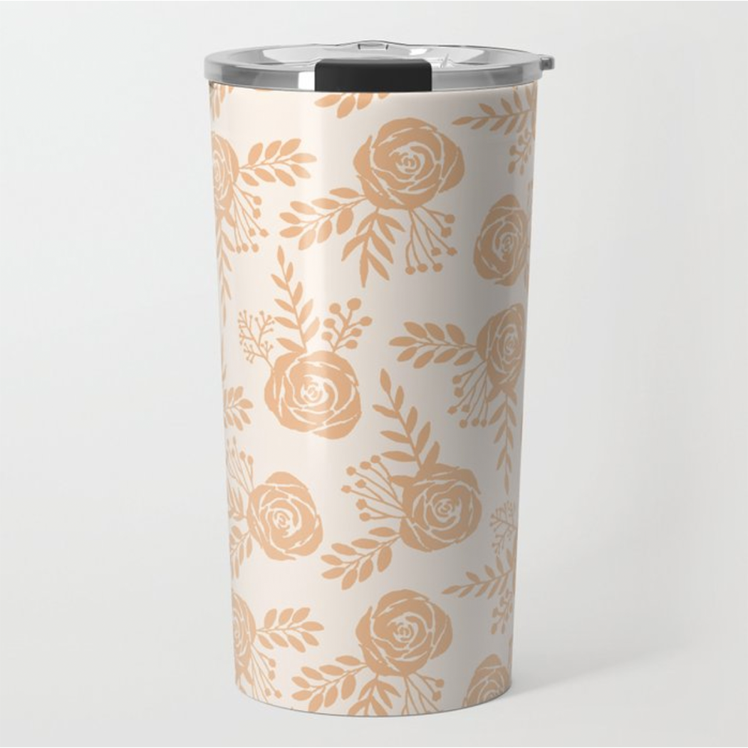 Light Orange Floral Travel Coffee Mug with vibrant floral design and stainless steel construction, perfect for hot or cold beverages.