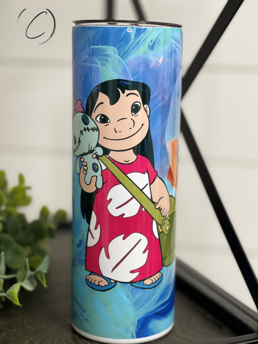 Lilo & Stitch 20oz Skinny Tumbler featuring vibrant full wrap design with reusable straw.